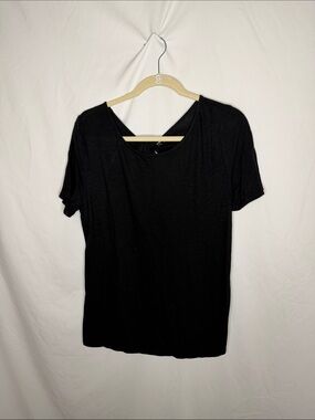 LOFT Black Short Sleeve V-Back Tee with open back and tie